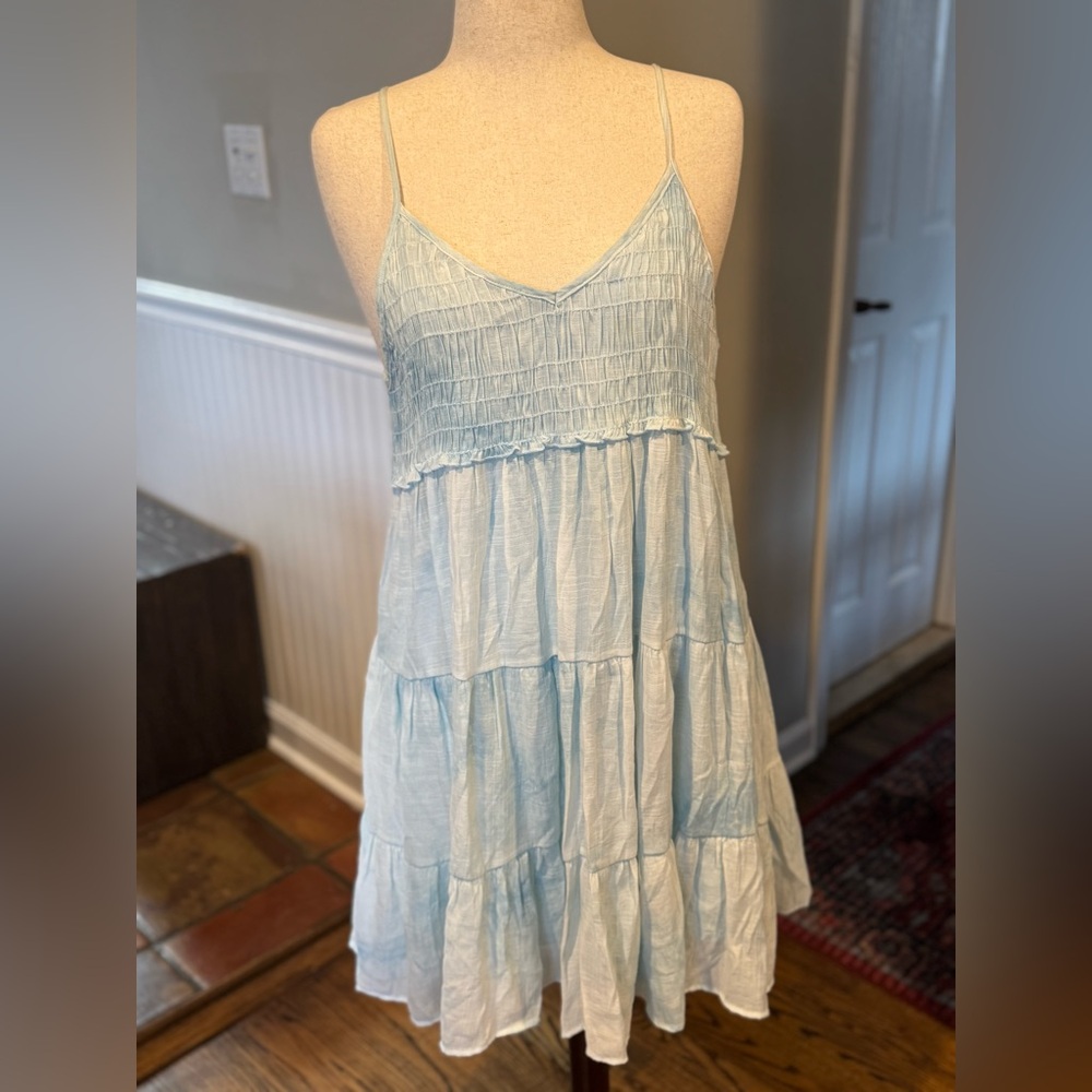 Altar'd State Light Blue Smocked spaghetti strap dress with low back.